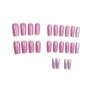 Medium length coffin press-on nails in iridescent pink-purple with metallic pearlescent finish