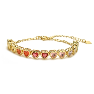 Golden heart bracelet featuring colorful rainbow cubic zirconia and adjustable chain