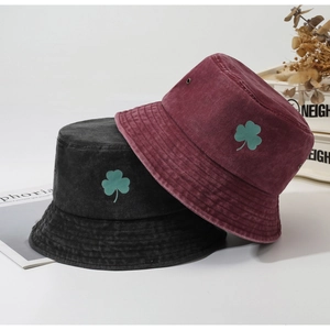 Retro washed cotton bucket hat with green clover embroidery for men and women