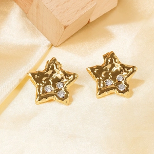 French Vintage Star Stud Earrings Stainless Steel 18K Gold Plated Rhinestone Earrings For Women Fashion Jewelry
