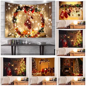 Christmas Wall Tapestry Polyester Fabric Festive Fireplace Tree Scene Hanging Blanket Home Decor Backdrop With Accessories