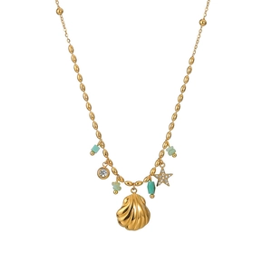 Vintage golden stainless steel necklace with ocean shell and star pendants
