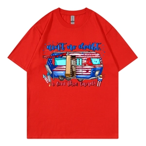 Red cotton crewneck T-shirt with vintage American flag camper print and slogan