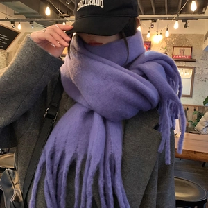 Écharpe épaisse en mohair violet à franges pour l'hiver, tricot doux et chaud