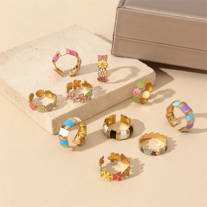 Colorful floral enamel rings with 18k gold plating in bohemian adjustable style