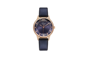 Elegant women's quartz watch with dark blue leather strap and faceted glass dial