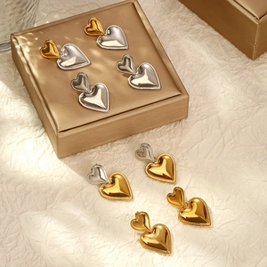 Double Heart Pendant Earrings Layered Heart Studs Stainless Steel Gold Silver Two Tone Fashionable Jewelry For Women