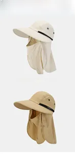 Detail of wide brim sun hat with breathable face mask and neck cover for outdoor activities