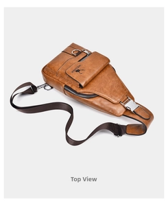 Top and side view of brown vintage PU leather chest bag with zipper and metal buckle