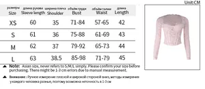 Detailed size chart for pink lace long sleeve top showing bust, waist, and length measurements