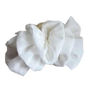 Elegant white pleated mesh bow hair claw clip for women featuring lightweight chiffon layers