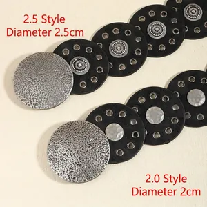 Retro Baroque punk style round black PU leather and silver hammered metal waist belt patches