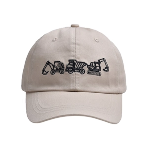Kids beige cotton baseball cap featuring black embroidered construction excavators