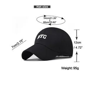 Detailed size chart showing NYC baseball cap dimensions with 54-60cm adjustable strap