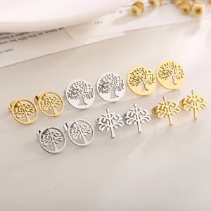 Tree Of Life Stud Earrings Stainless Steel Hollow Round Plant Design Jewelry For Women Minimalist Sweet Style Accessory