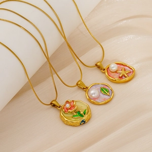 Vintage oil painting style stainless steel necklace with floral enamel pendants and pearls