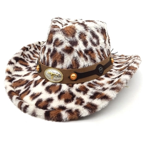 Chapeau de cow-boy vintage léopard en fausse fourrure avec boucle tête de taureau