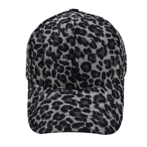 Detailed view of gray leopard print baseball cap featuring classic six-panel structure