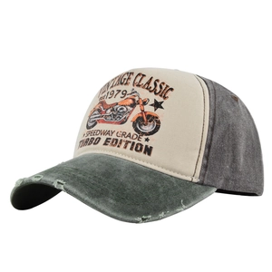 Detail view of vintage motorcycle print on washed cotton baseball cap with distressed brim