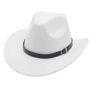 Close-up of white wool cowboy hat featuring a black leather band and silver buckle