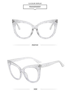 Detail of transparent cat eye glasses frame with glitter finish in multiple angles
