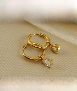 Macro view of gold plated titanium steel drop earrings with pear cut zircon stones