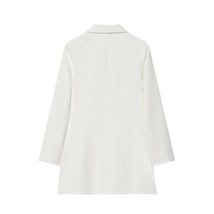Back view of white long-sleeved blazer dress featuring a professional minimalist design