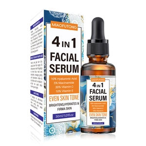 Detail view of 30ml 4-in-1 facial serum with Vitamin C and Niacinamide in a dropper bottle