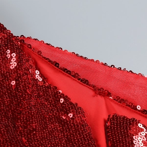 Détail de paillettes rouges sur tissu résille montrant la couture fine de la robe
