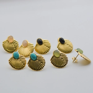 18K gold plated stainless steel fan-shaped earrings with turquoise and oval stones