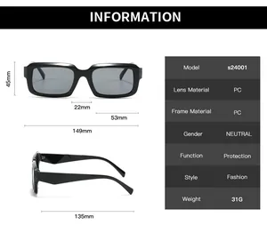 Detailed size specifications for square frame sunglasses showing frame and lens dimensions