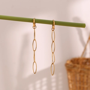 Minimalist 18K gold plated stainless steel long chain earrings with oval geometric links
