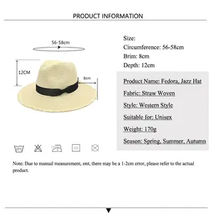 Chapeau de paille Panama pour hommes et femmes avec ruban noir et large bord
