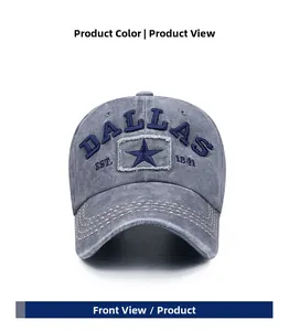 Front view of washed grey-blue baseball cap with vintage Dallas embroidery and star detail