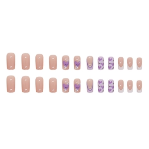 French tip press-on nails set with purple hearts and eyelash patterns, 24 pieces