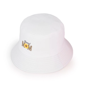 Detail of white cotton bucket hat with leopard print MOM and sunflower graphic design