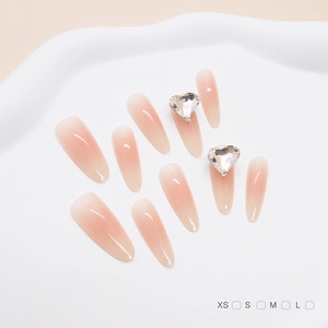 Lange Mandel Press On Nägel Pink Weißer Verlauf Glänzend Mit Herz Strasssteinen Luxus Elegante Künstliche Nägel