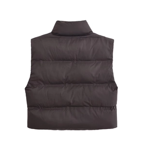 Back view of a grey padded vest featuring horizontal quilting and a high stand collar