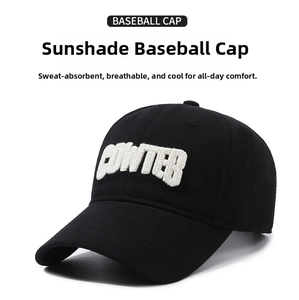 Detail of white embroidered POWTER letters on the side of a black cotton baseball cap