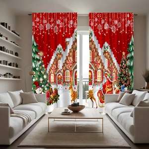 Tende natalizie festive con casa di pan di zenzero e Babbo Natale in un soggiorno accogliente