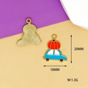 Detail of blue car with red pumpkin charm showing 20mm height and 18mm width dimensions