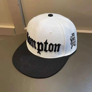 Hip hop style Compton embroidered flat brim snapback hat in black and white contrast