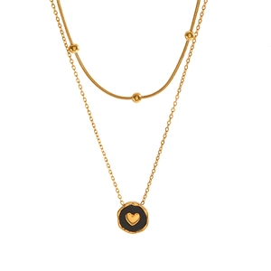 Collier double rang en acier inoxydable avec billes dorées et pendentif cœur en émail noir