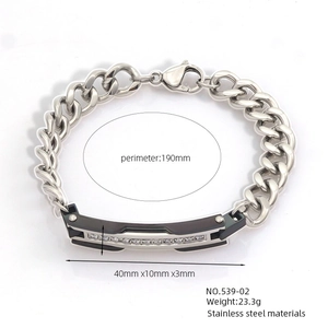 Detailed view of stainless steel Cuban bracelet with zircon inlay and product dimensions
