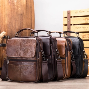 Vertical genuine leather messenger bags for men in four colors with adjustable straps