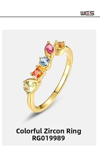Detailed macro of gold S925 silver ring with five colorful multi-shape cubic zirconia