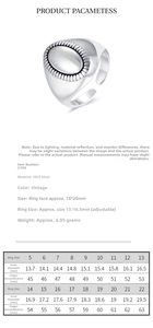 Size chart for vintage 925 sterling silver oval ring with adjustable band specifications