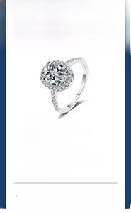 Detail of s925 silver moissanite ring with 1ct round halo setting and platinum finish