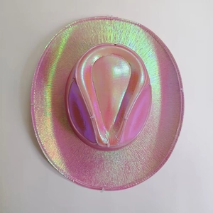 Detail of pink holographic laser fabric and stitching on the wide brim cowboy hat
