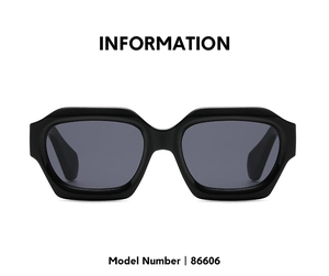 Detail view of model 86606 black chunky hexagonal sunglasses with dark grey lenses